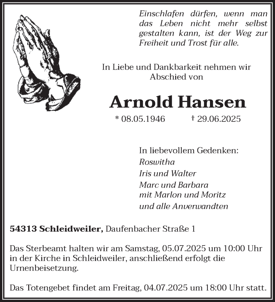  Traueranzeige für Arnold Hansen vom 03.07.2025 aus trierischer_volksfreund