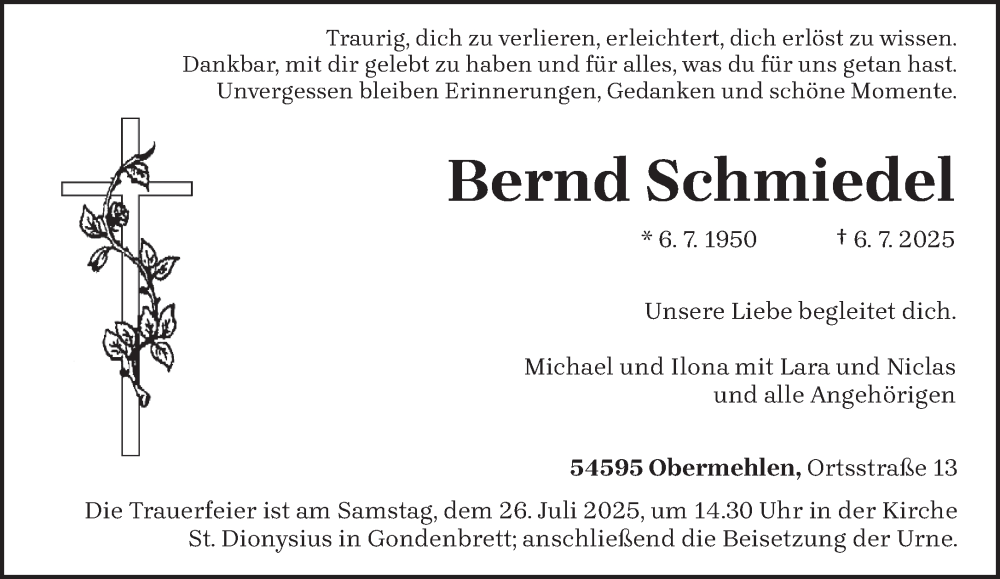  Traueranzeige für Bernd Schmiedel vom 18.07.2025 aus trierischer_volksfreund