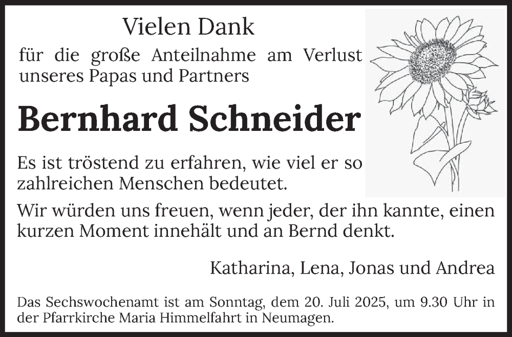  Traueranzeige für Bernhard Schneider vom 15.07.2025 aus trierischer_volksfreund