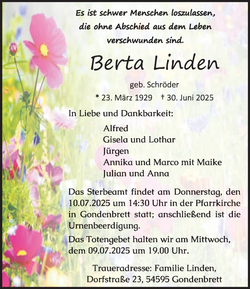  Traueranzeige für Berta Linden vom 05.07.2025 aus trierischer_volksfreund