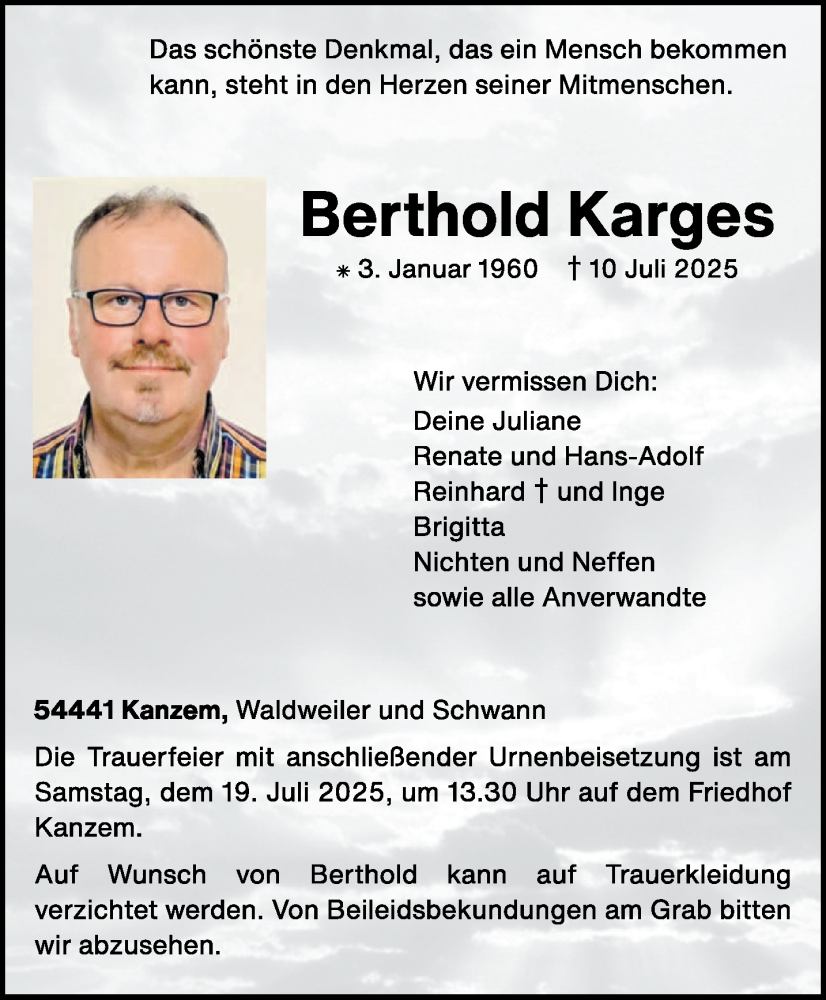  Traueranzeige für Berthold Karges vom 16.07.2025 aus trierischer_volksfreund