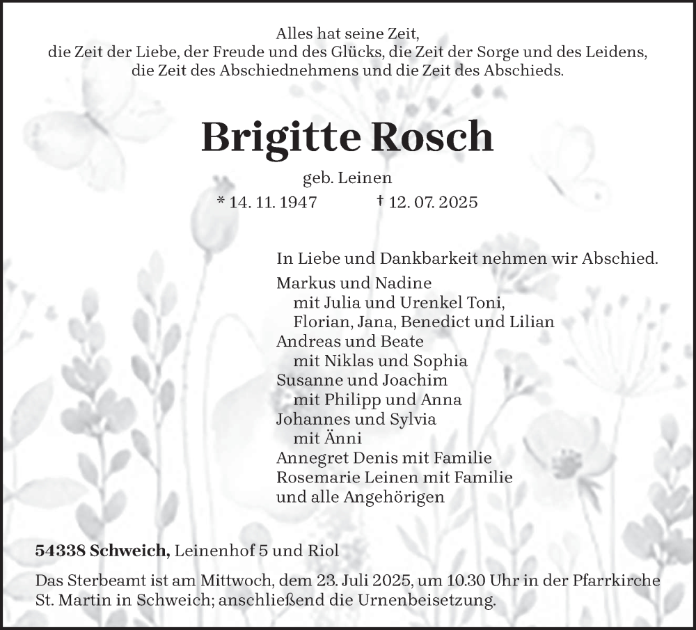  Traueranzeige für Brigitte Rosch vom 19.07.2025 aus trierischer_volksfreund