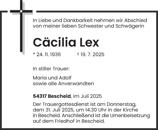 Traueranzeige von Cäcilia Lex von trierischer_volksfreund