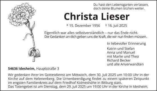 Traueranzeige von Christa Lieser von trierischer_volksfreund