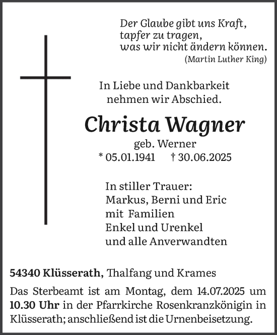 Traueranzeige von Christa Wagner von trierischer_volksfreund