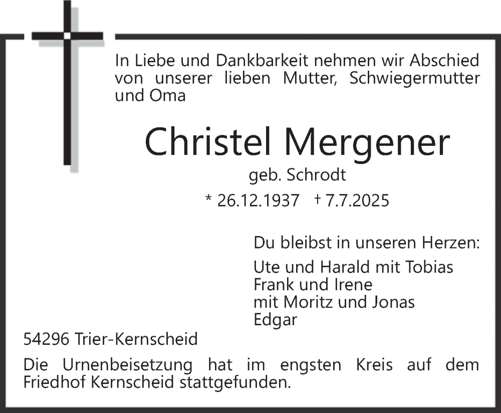  Traueranzeige für Christel Mergener vom 23.07.2025 aus trierischer_volksfreund