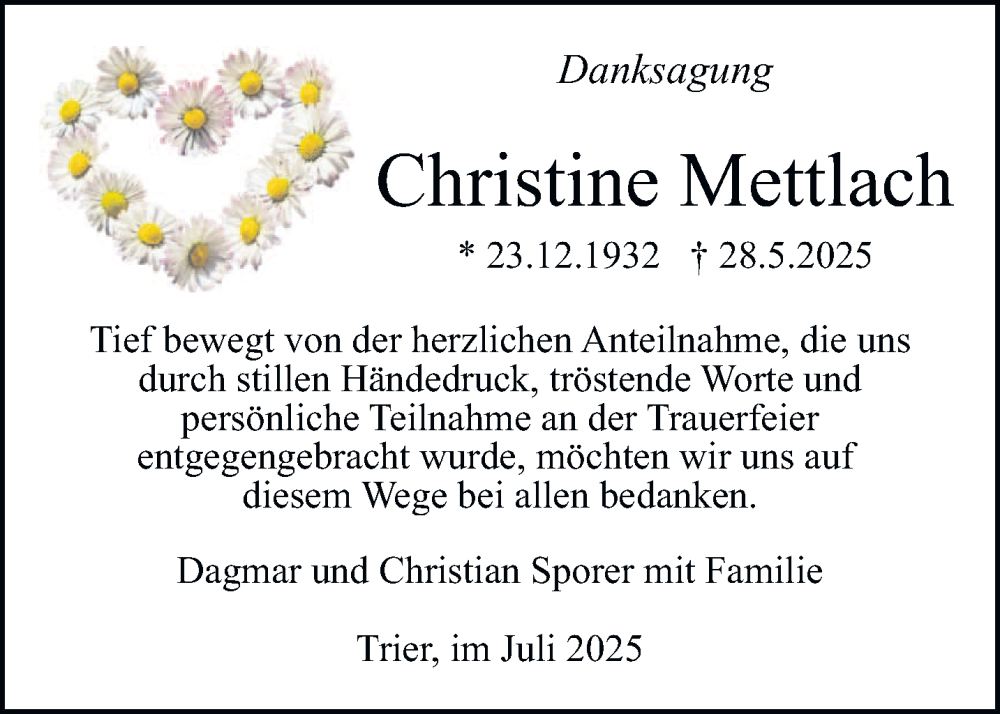  Traueranzeige für Christine Mettlach vom 12.07.2025 aus trierischer_volksfreund