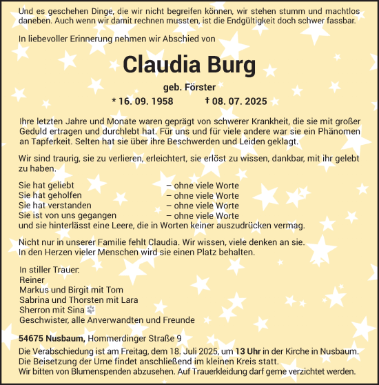 Traueranzeige von Claudia Burg von trierischer_volksfreund