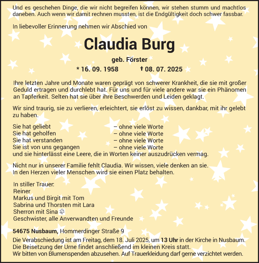  Traueranzeige für Claudia Burg vom 16.07.2025 aus trierischer_volksfreund
