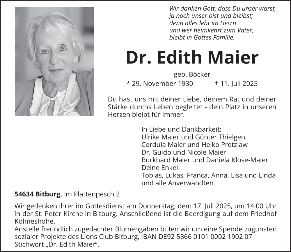  Traueranzeige für Edith Maier vom 15.07.2025 aus trierischer_volksfreund