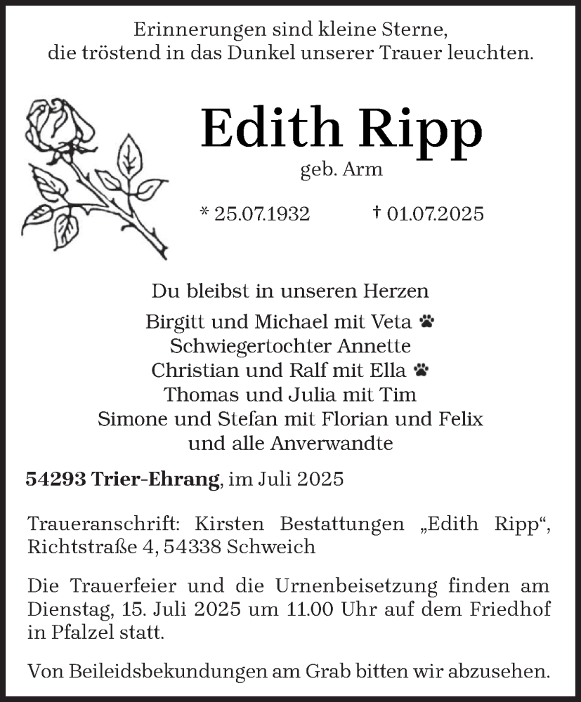  Traueranzeige für Edith Ripp vom 12.07.2025 aus trierischer_volksfreund