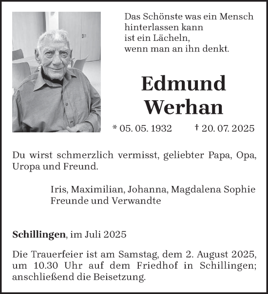 Traueranzeige von Edmund Werhan von trierischer_volksfreund