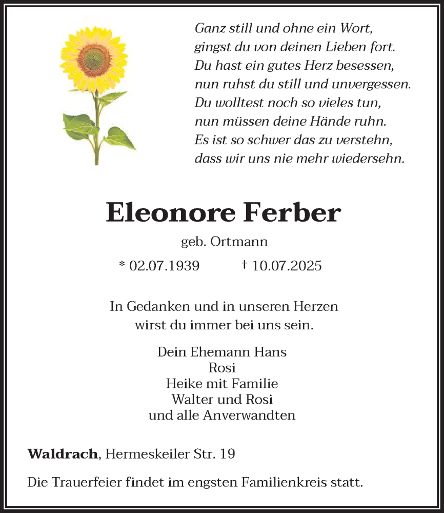  Traueranzeige für Eleonore Ferber vom 19.07.2025 aus trierischer_volksfreund