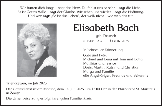 Traueranzeige von Elisabeth Bach von trierischer_volksfreund
