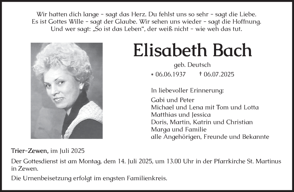  Traueranzeige für Elisabeth Bach vom 12.07.2025 aus trierischer_volksfreund