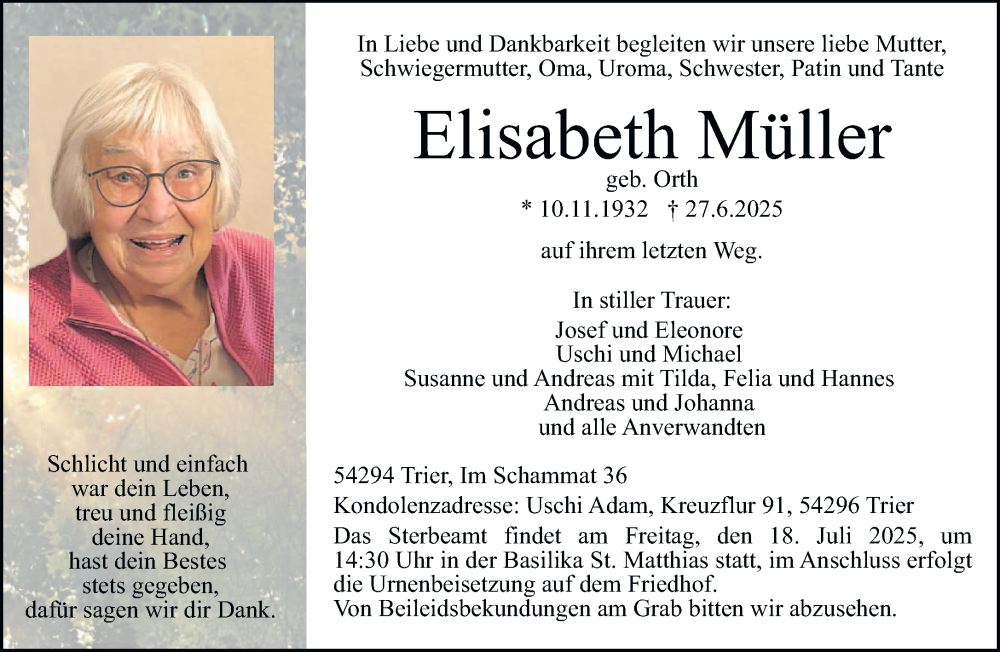  Traueranzeige für Elisabeth Müller vom 12.07.2025 aus trierischer_volksfreund