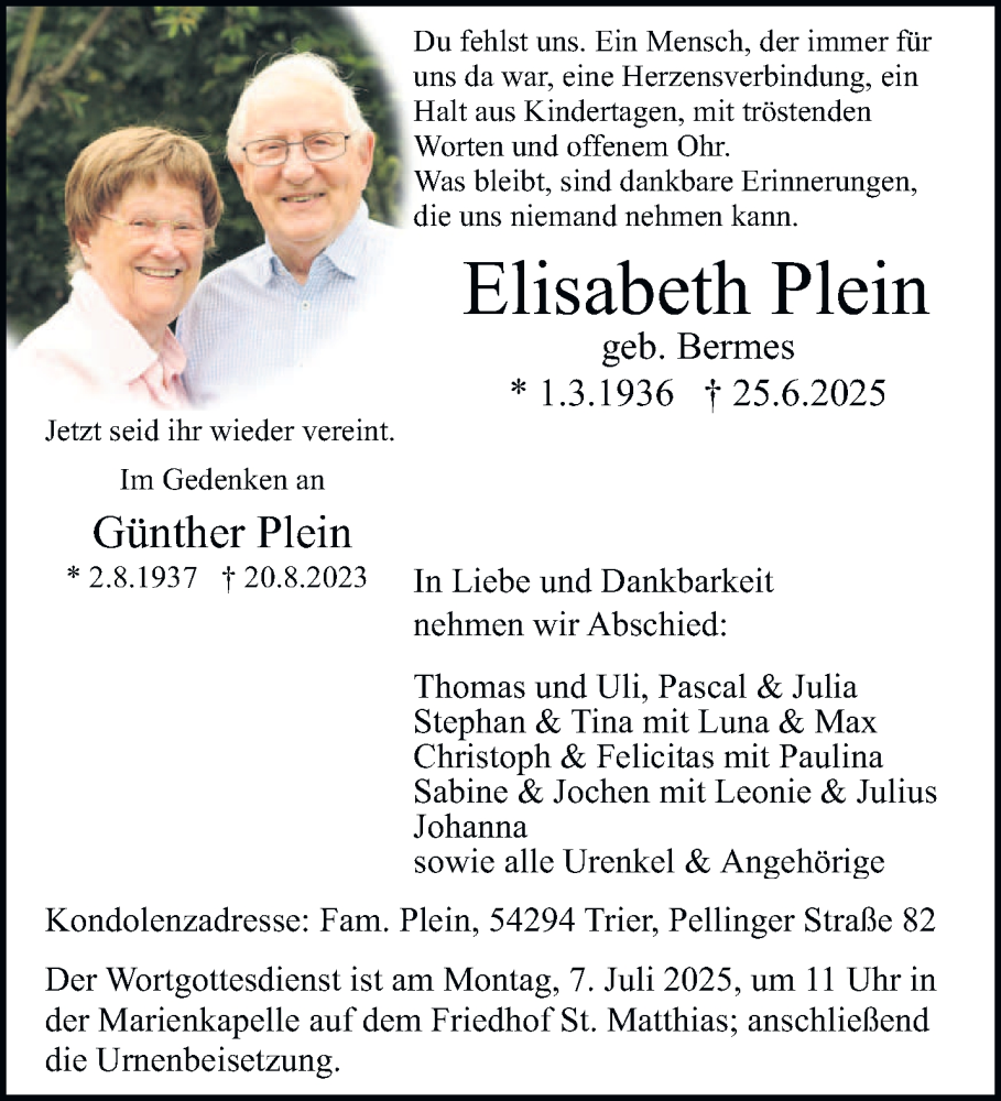  Traueranzeige für Elisabeth Plein vom 02.07.2025 aus trierischer_volksfreund