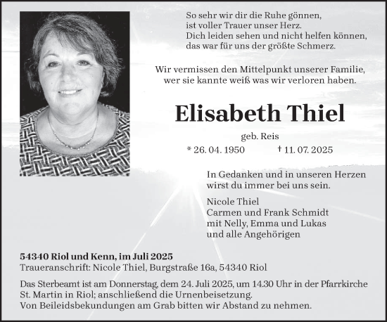 Traueranzeige von Elisabeth Thiel von trierischer_volksfreund