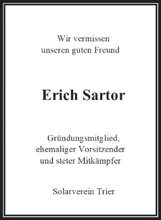 Traueranzeige von Erich Sartor von trierischer_volksfreund