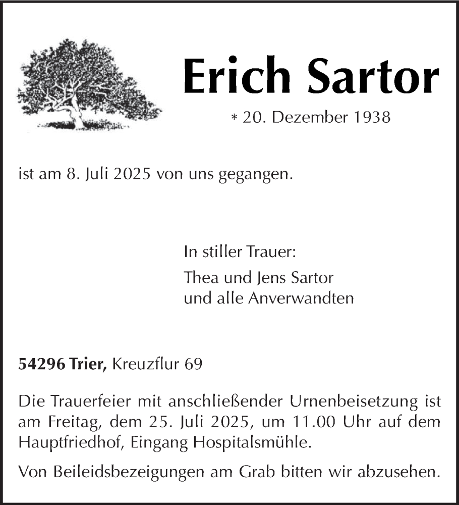  Traueranzeige für Erich Sartor vom 19.07.2025 aus trierischer_volksfreund