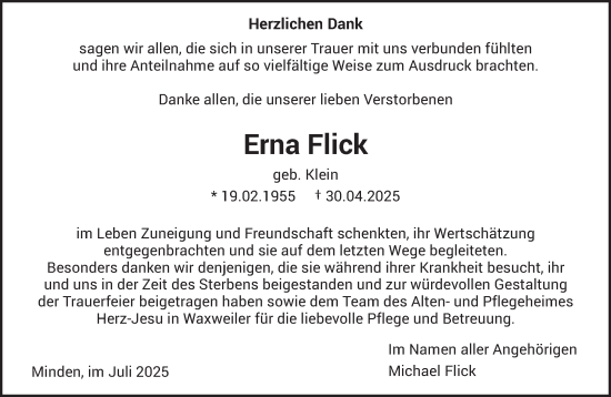 Traueranzeige von Erna Flick von trierischer_volksfreund