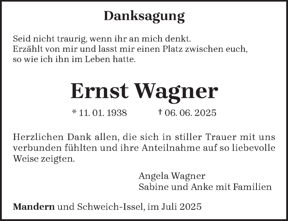  Traueranzeige für Ernst Wagner vom 26.07.2025 aus trierischer_volksfreund