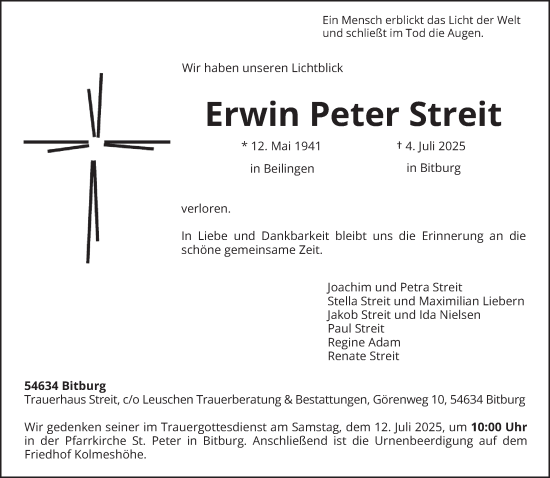 Traueranzeige von Erwin Peter Streit von trierischer_volksfreund
