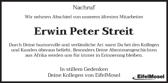 Traueranzeige von Erwin Peter Streit von trierischer_volksfreund