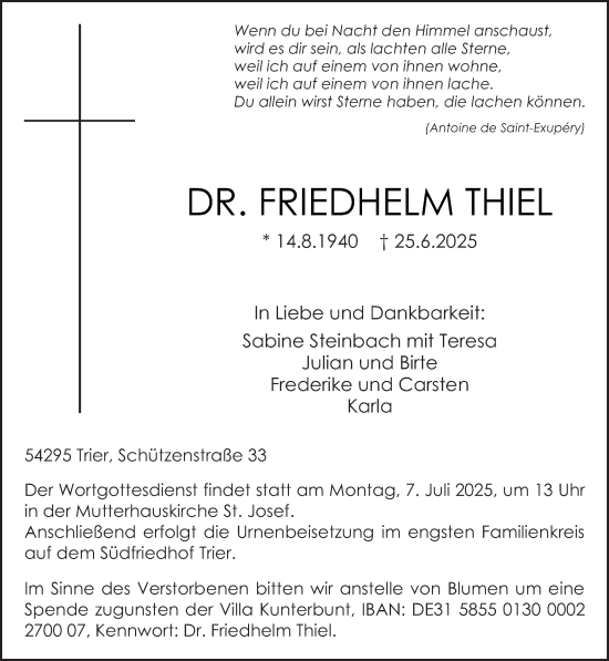 Traueranzeige von Friedhelm Thiel von trierischer_volksfreund