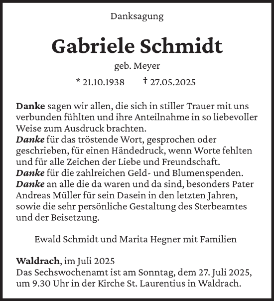 Traueranzeige von Gabriele Schmidt von trierischer_volksfreund