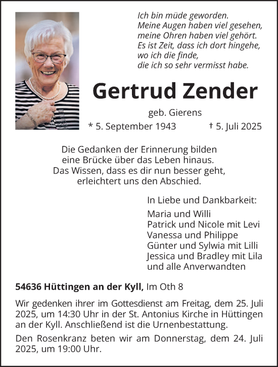 Traueranzeige von Gertrud Zender von trierischer_volksfreund