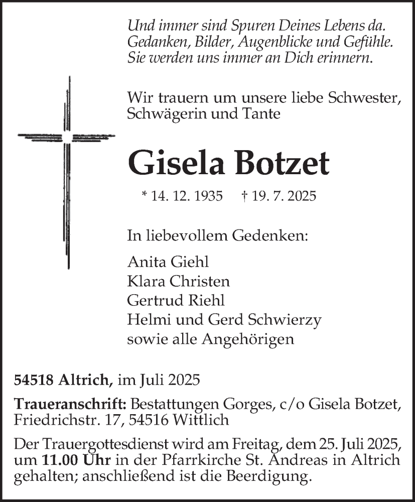  Traueranzeige für Gisela Botzet vom 23.07.2025 aus trierischer_volksfreund