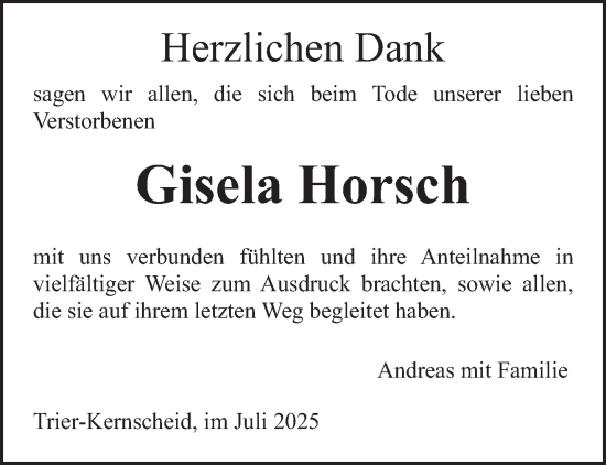 Traueranzeige von Gisela Horsch von trierischer_volksfreund