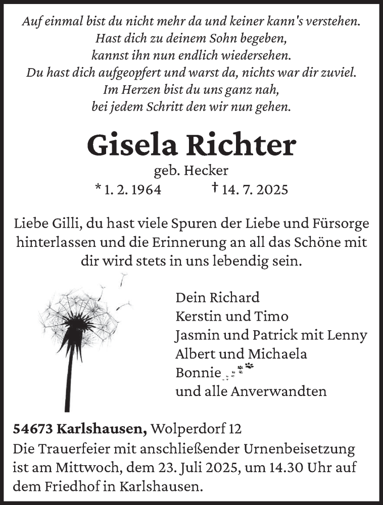  Traueranzeige für Gisela Richter vom 19.07.2025 aus trierischer_volksfreund