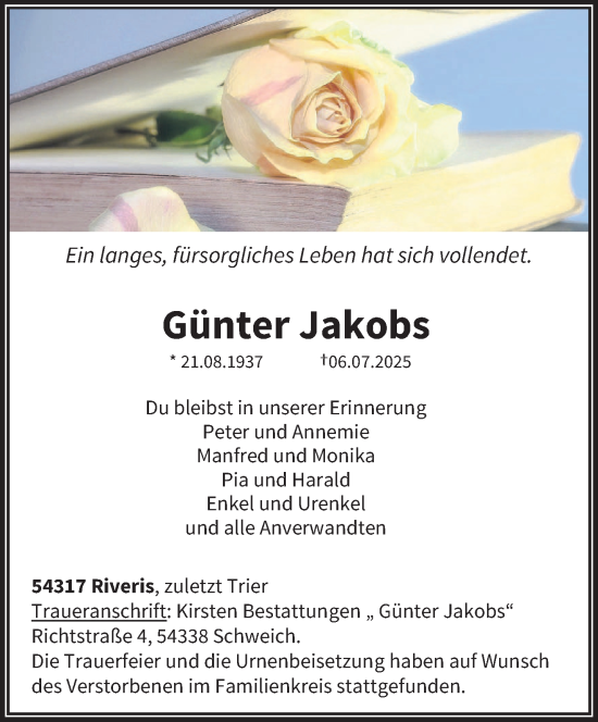 Traueranzeige von Günter Jakobs von trierischer_volksfreund