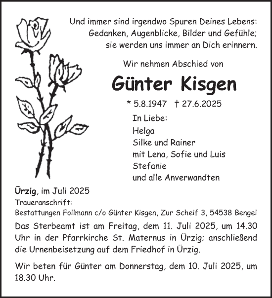 Traueranzeige von Günter Kisgen von trierischer_volksfreund