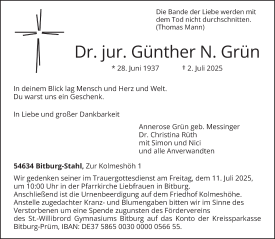 Traueranzeige von Günther N. Grün von trierischer_volksfreund