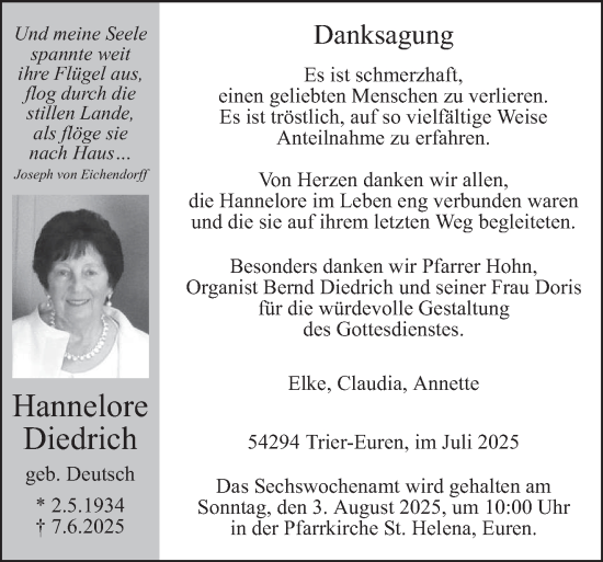 Traueranzeige von Hannelore Diedrich von trierischer_volksfreund