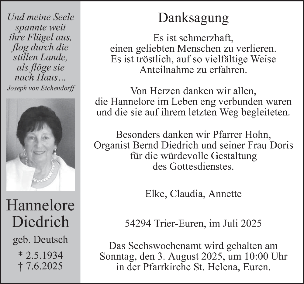  Traueranzeige für Hannelore Diedrich vom 26.07.2025 aus trierischer_volksfreund