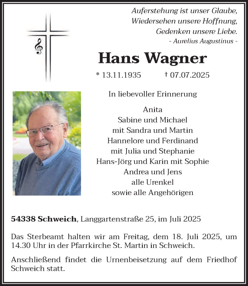  Traueranzeige für Hans Wagner vom 12.07.2025 aus trierischer_volksfreund