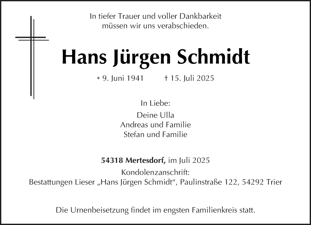  Traueranzeige für Hans Jürgen Schmidt vom 26.07.2025 aus trierischer_volksfreund