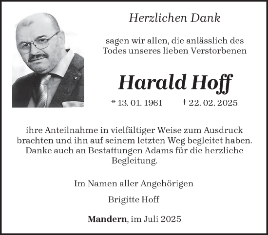 Traueranzeige von Harald Hoff von trierischer_volksfreund