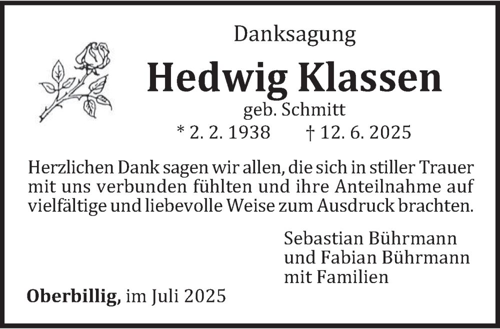  Traueranzeige für Hedwig Klassen vom 05.07.2025 aus trierischer_volksfreund