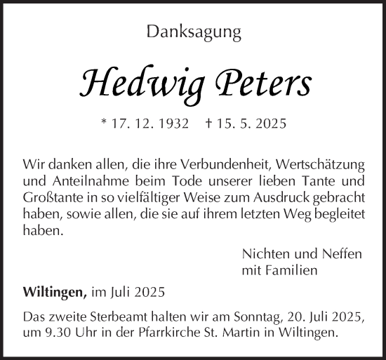 Traueranzeige von Hedwig Peters von trierischer_volksfreund