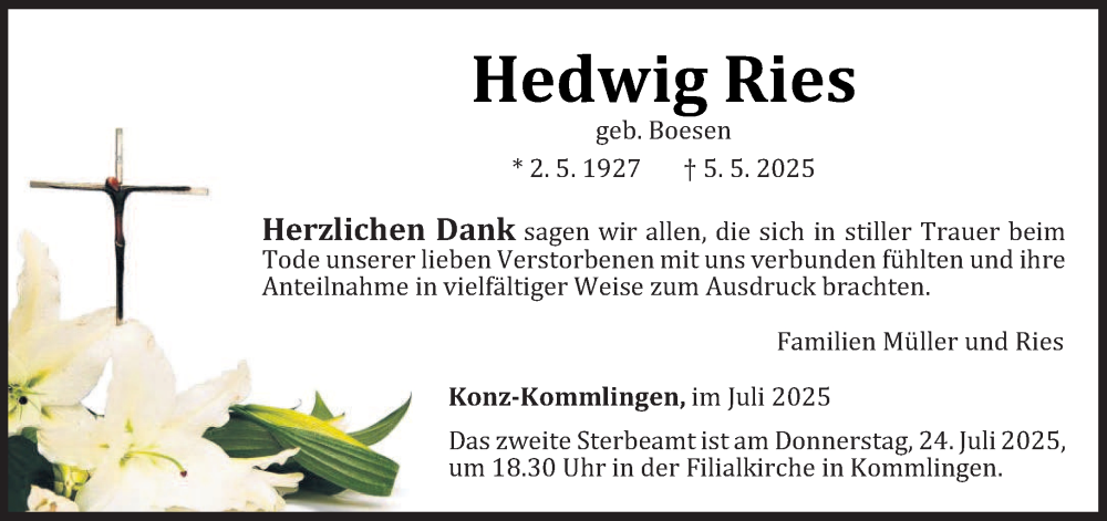  Traueranzeige für Hedwig Ries vom 19.07.2025 aus trierischer_volksfreund
