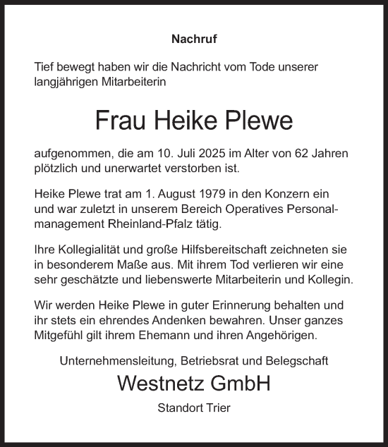 Traueranzeige von Heike Plewe von trierischer_volksfreund