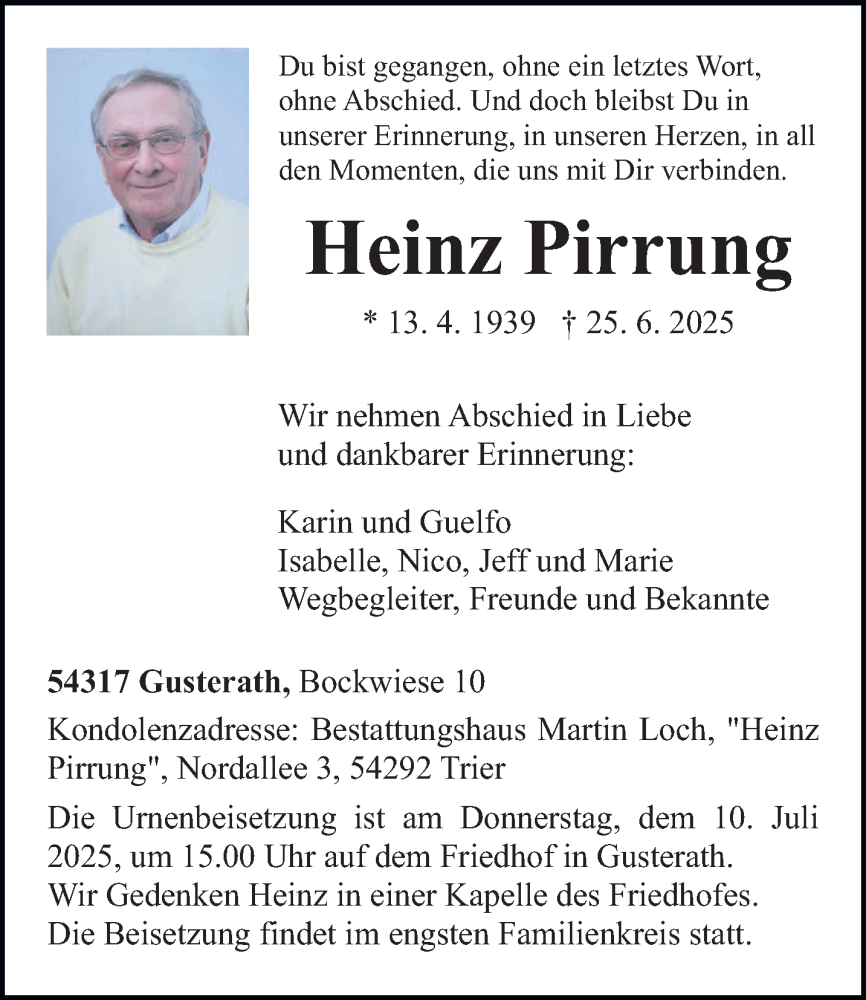  Traueranzeige für Heinz Pirrung vom 05.07.2025 aus trierischer_volksfreund