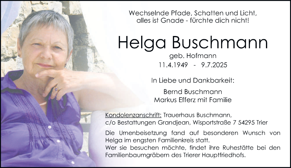  Traueranzeige für Helga Buschmann vom 23.07.2025 aus trierischer_volksfreund