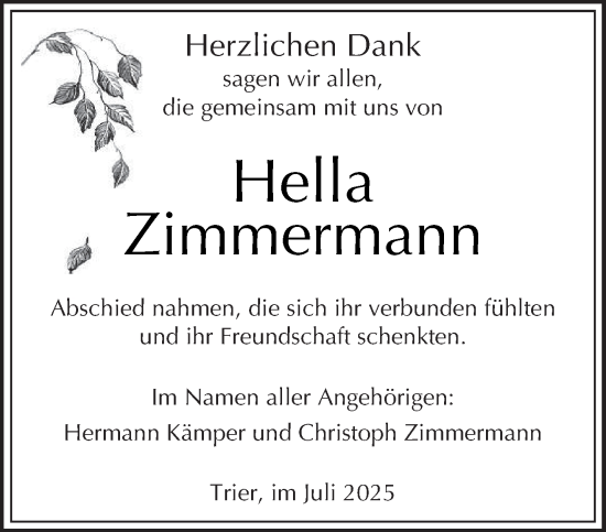 Traueranzeige von Hella Zimmermann von trierischer_volksfreund