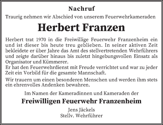 Traueranzeige von Herbert Franzen von trierischer_volksfreund
